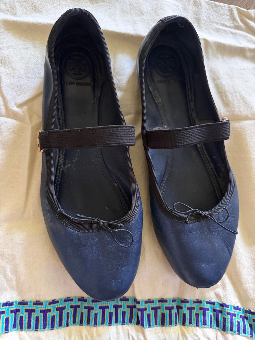 Tory Burch Navy Leather Ballet Flats with Black Elastic Strap